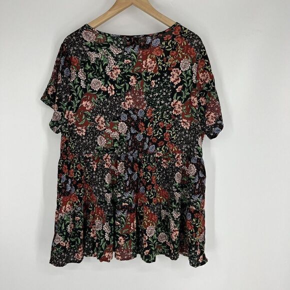 Torrid Top Size 1 Womens Black Red Lenny Floral Babydoll Blouse Boho Slub Tie - Picture 5 of 8